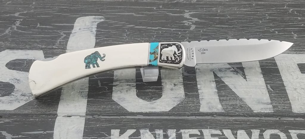 Customized Buck Knife 110 Mammoth Inside Cut Turquoise Inlay Mammoth Engraving Stone Knifeworks 2 Stone Knifeworks